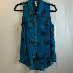Teal chiffon sleeveless hi lo hem blouse C5